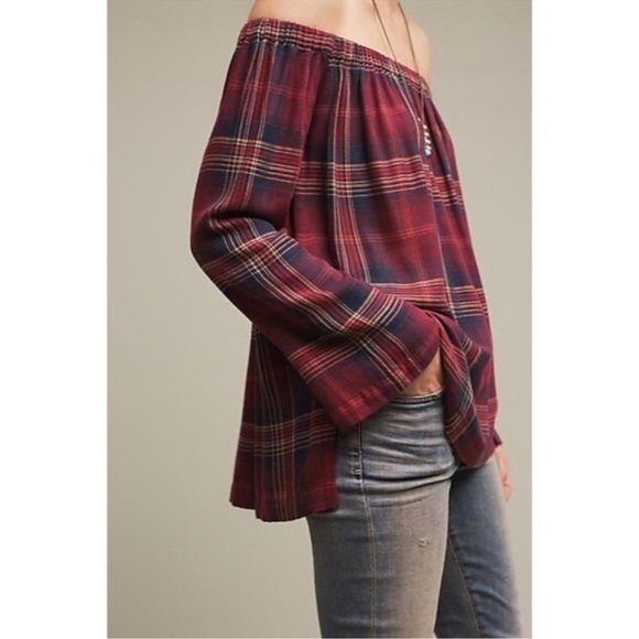 Cloth & Stone for Anthropologie Red Plaid Off Shoulder Top Shirt Blouse Small S - Picture 5 of 5